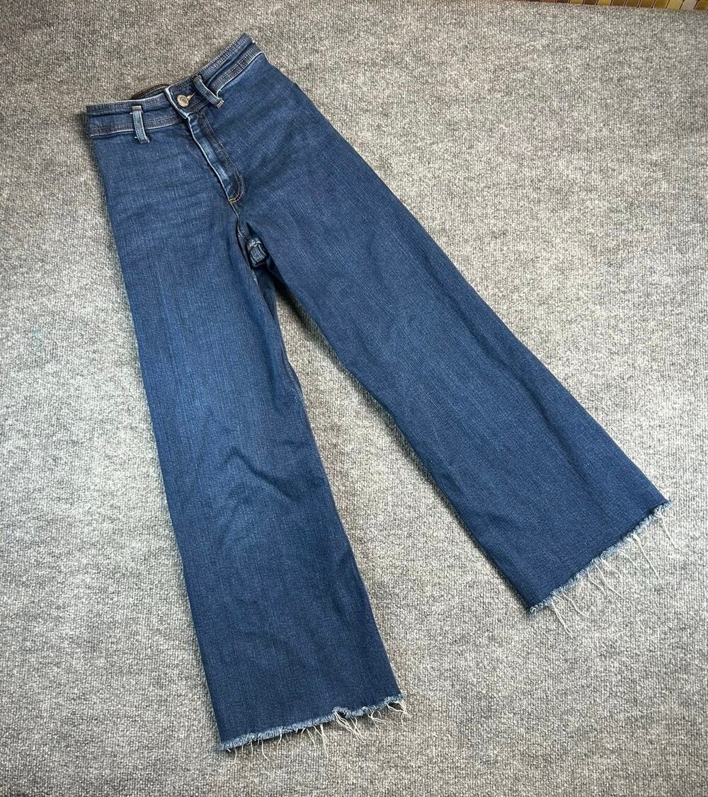 Zara Women’s US 2 Blue Flare Jeans Raw Frayed Hem Dark Wash Denim